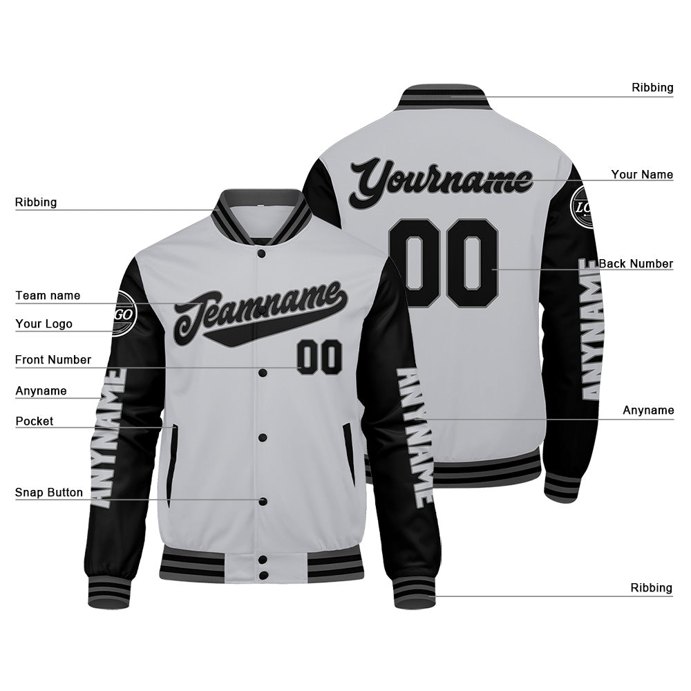 Custom Grey Black Varsity Jackets for Men Women Youth Personalized Letterman Jackets