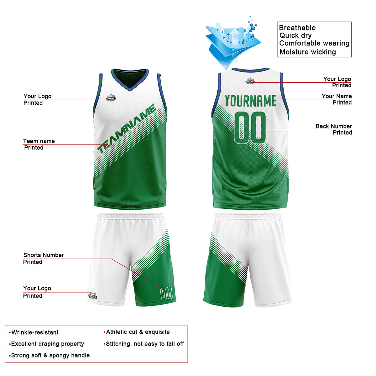 Custom White Green Reversible Basketball Suit for Adults and Kids Personalized Jersey