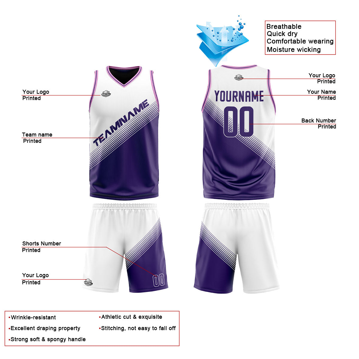 Custom White Purple Reversible Basketball Suit for Adults and Kids Personalized Jersey