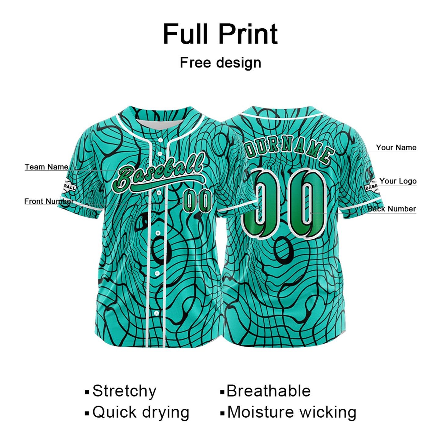 Custom Cyan Button Down Baseball Jersey for Men Women Adult Youth Print Name Number Logo