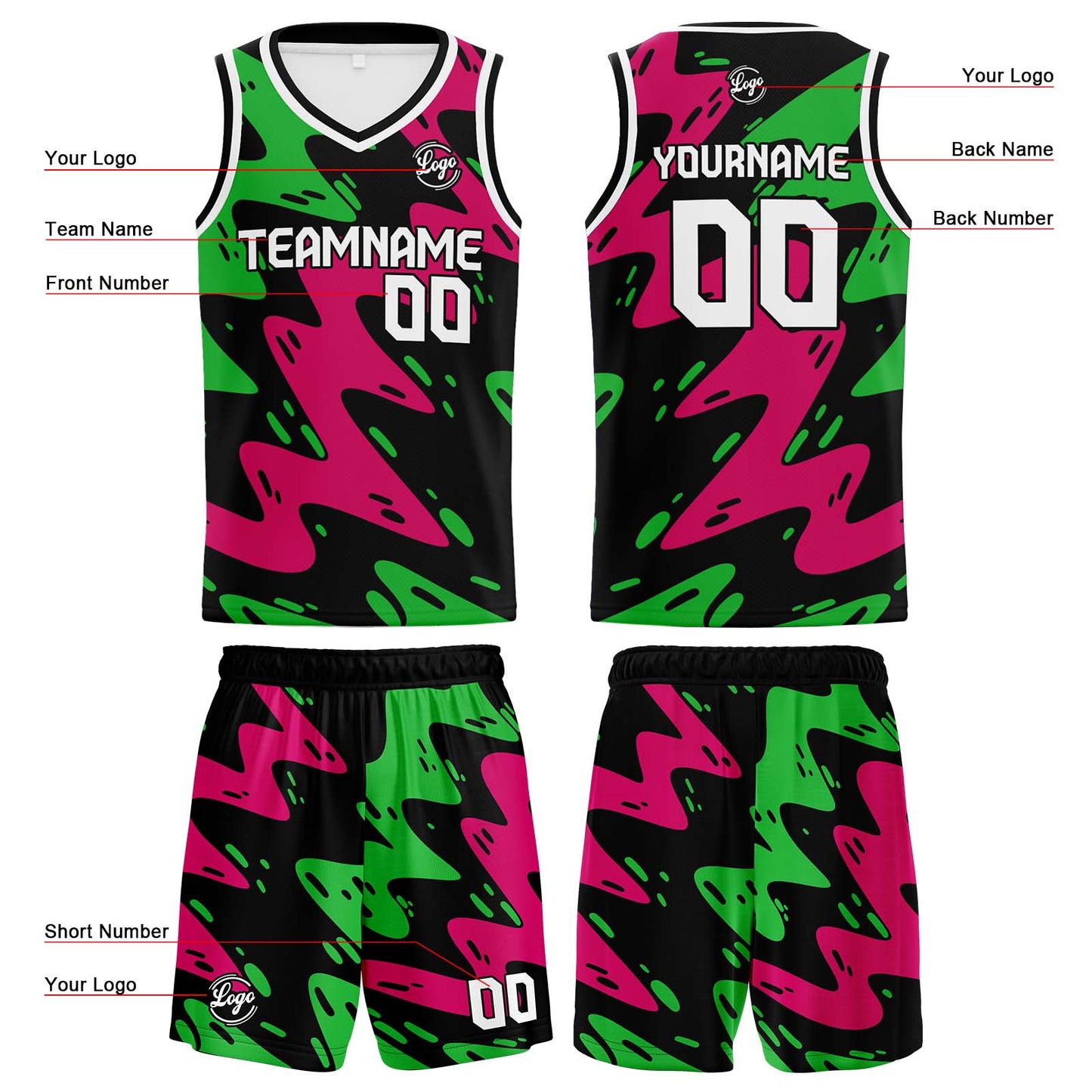 Custom Black Rose Green Reversible Basketball Suit for Adults and Kids Personalized Jersey