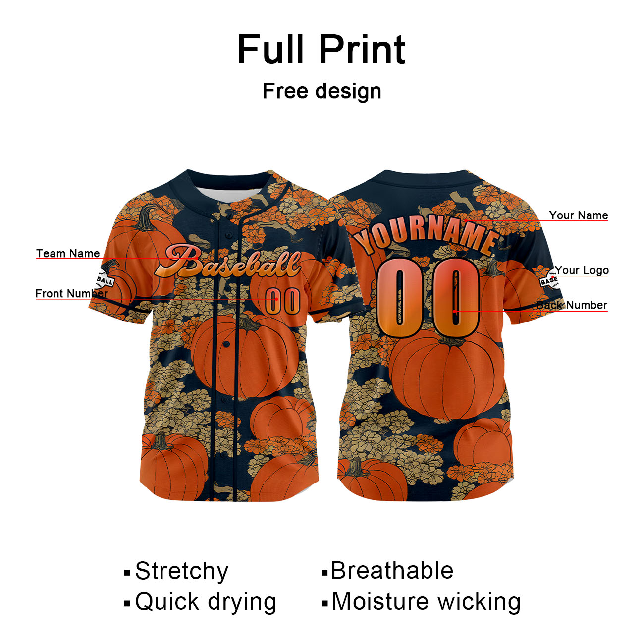 Custom Orange Baseball Jersey Print Personalized Name, Number and Logo