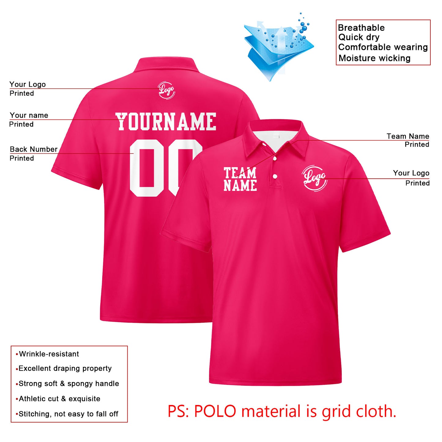 Custom Light Pink White Football Polo Shirts  Add Your Unique Logo/Name/Number