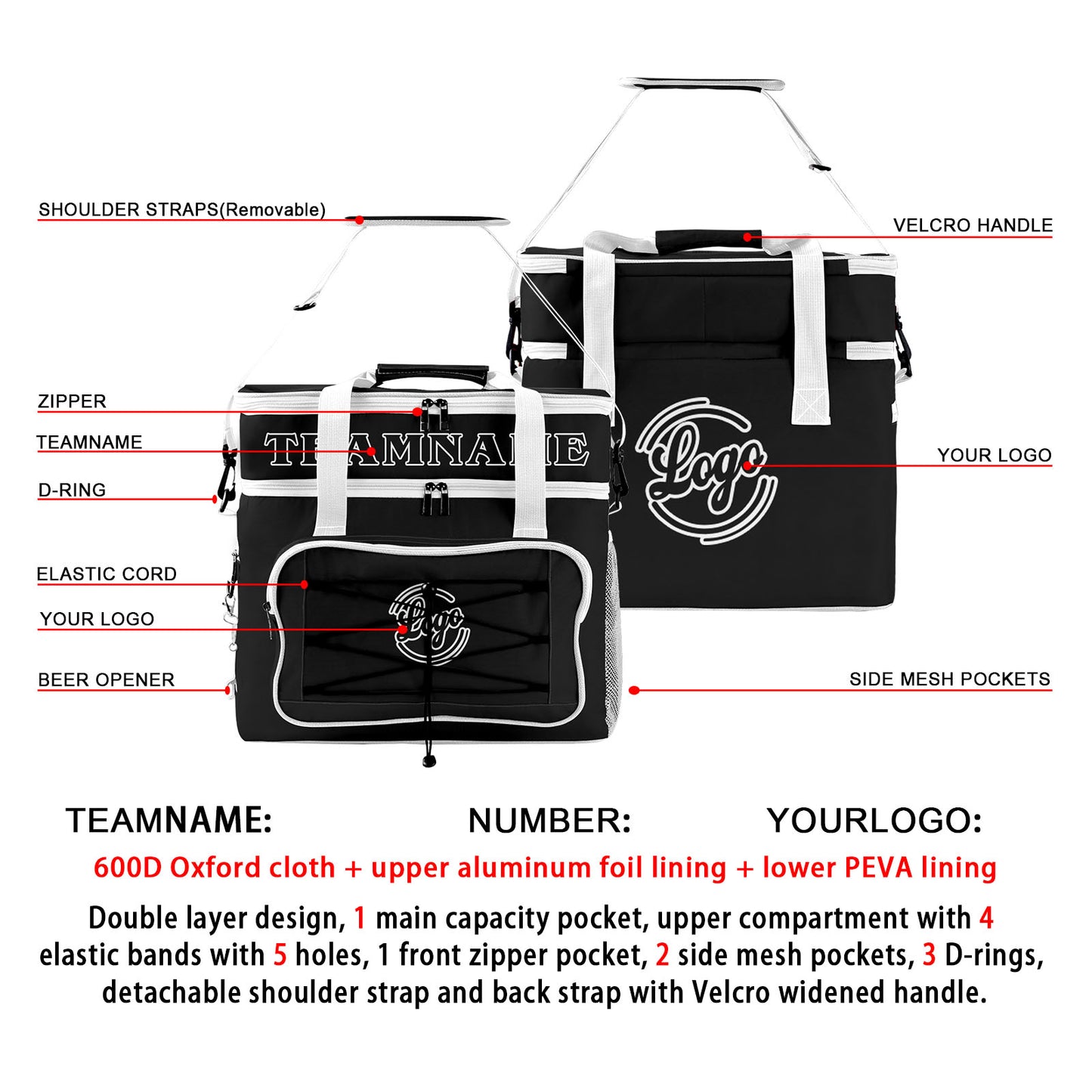Custom Black White Double Layer Insulated Cooler Bag - 600D Oxford Waterproof Picnic Tote for Camping, Hiking & BBQ - Large Capacity Thermal Lunch Bag