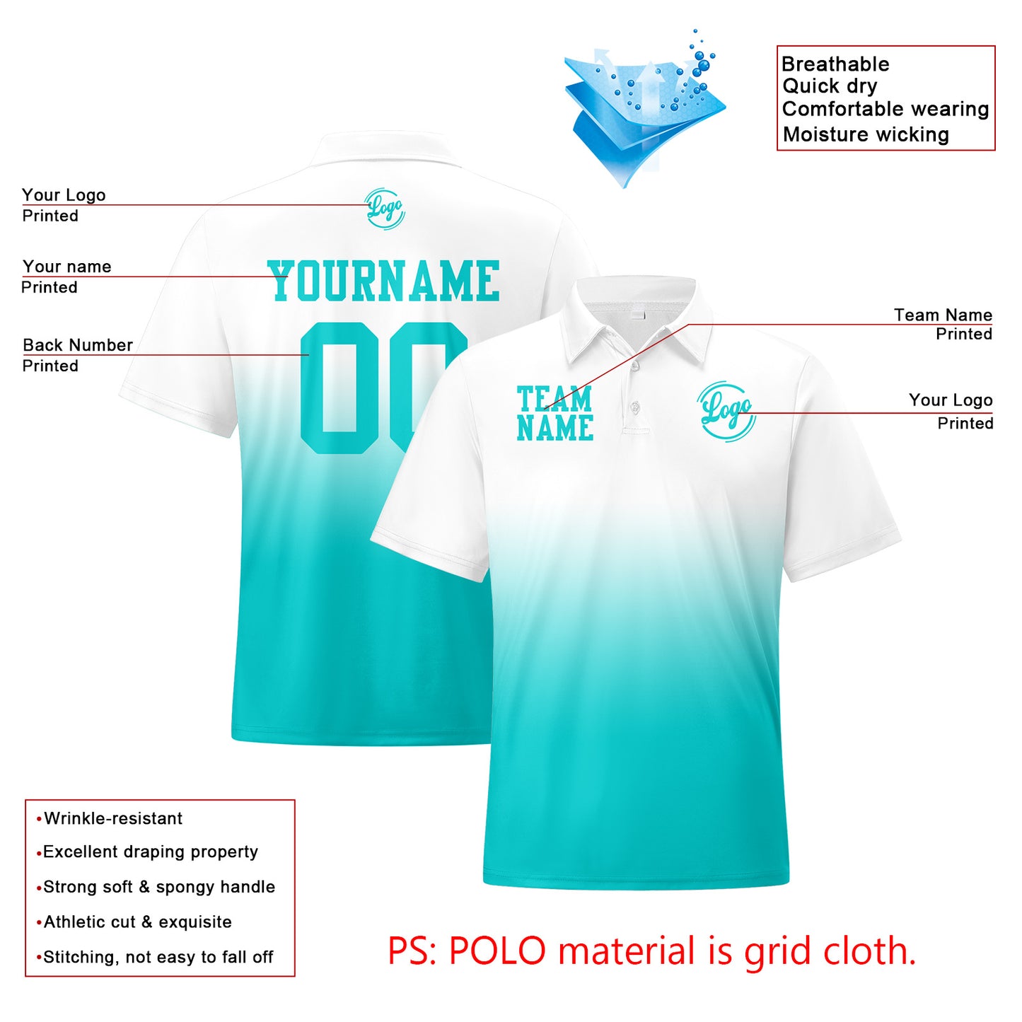 Custom White Cyan Football Gradient Polo Shirts  Add Your Unique Logo/Name/Number