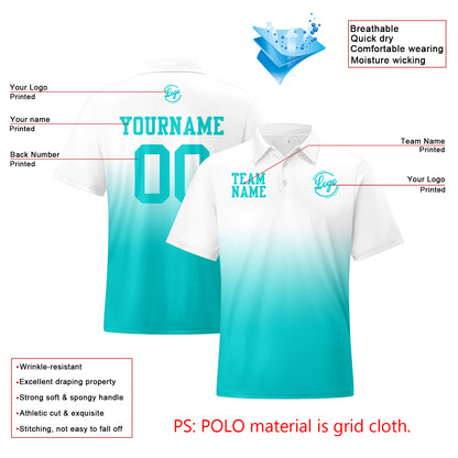 Custom White Cyan Football Gradient Polo Shirts  Add Your Unique Logo/Name/Number