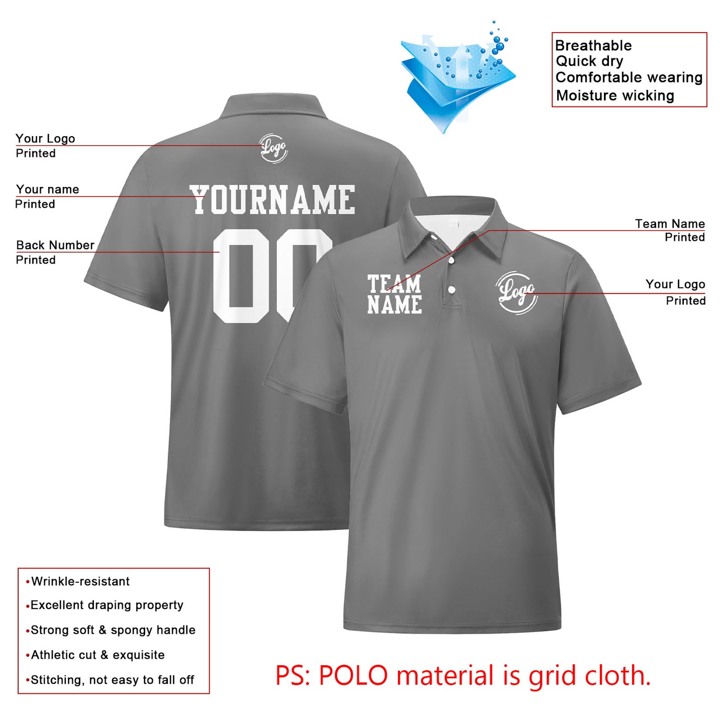 Custom Grey White Football Polo Shirts  Add Your Unique Logo/Name/Number