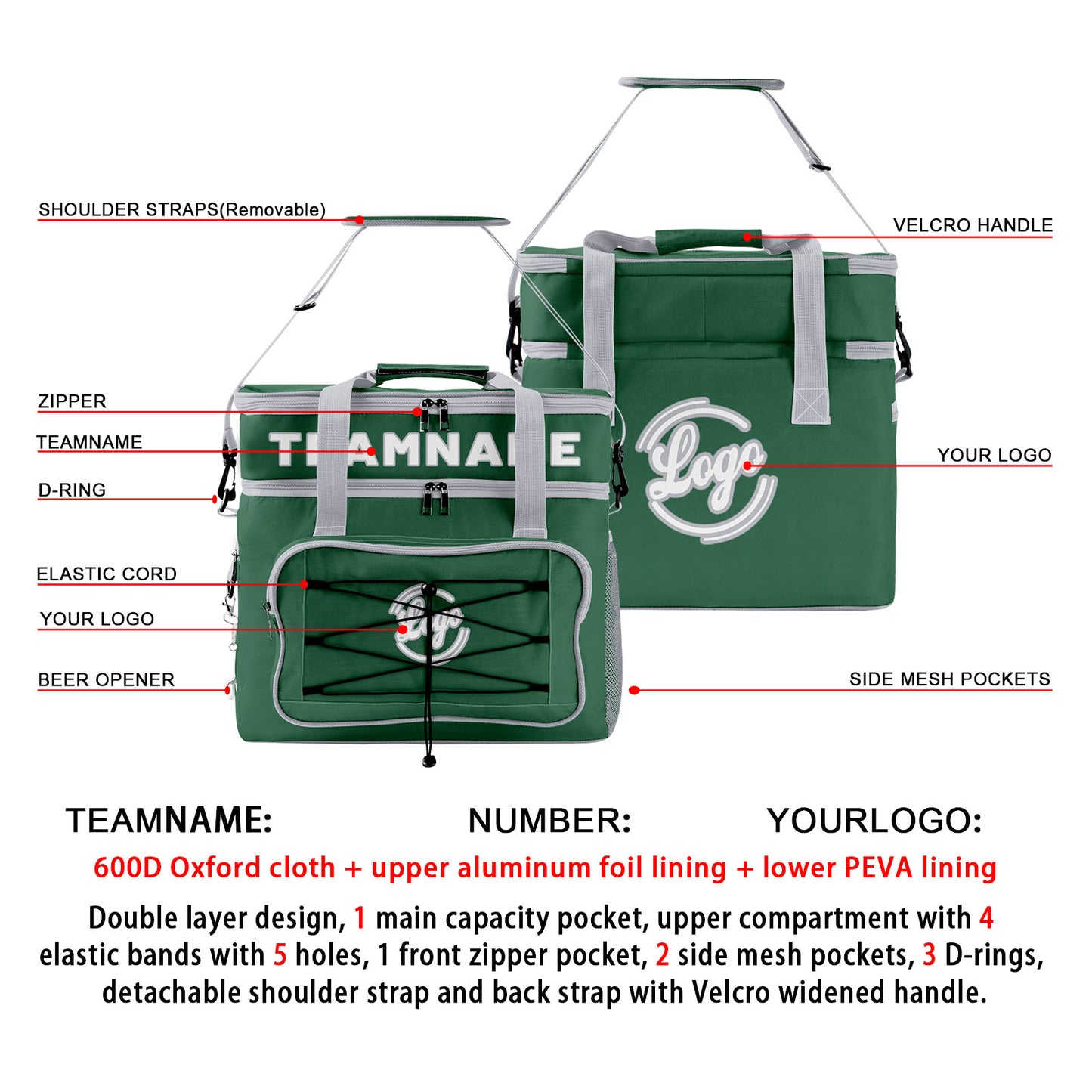 Custom Dark Green Gray Double Layer Insulated Cooler Bag - 600D Oxford Waterproof Picnic Tote for Camping, Hiking & BBQ - Large Capacity Thermal Lunch Bag