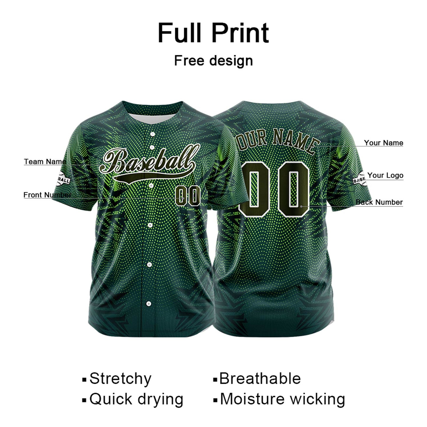 Custom Green Button Down Baseball Jersey for Men Women Adult Youth Print Name Number Logo