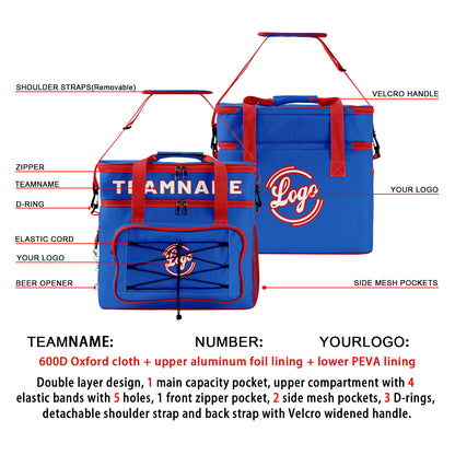 Custom Dark Blue Red Double Layer Insulated Cooler Bag - 600D Oxford Waterproof Picnic Tote for Camping, Hiking & BBQ - Large Capacity Thermal Lunch Bag