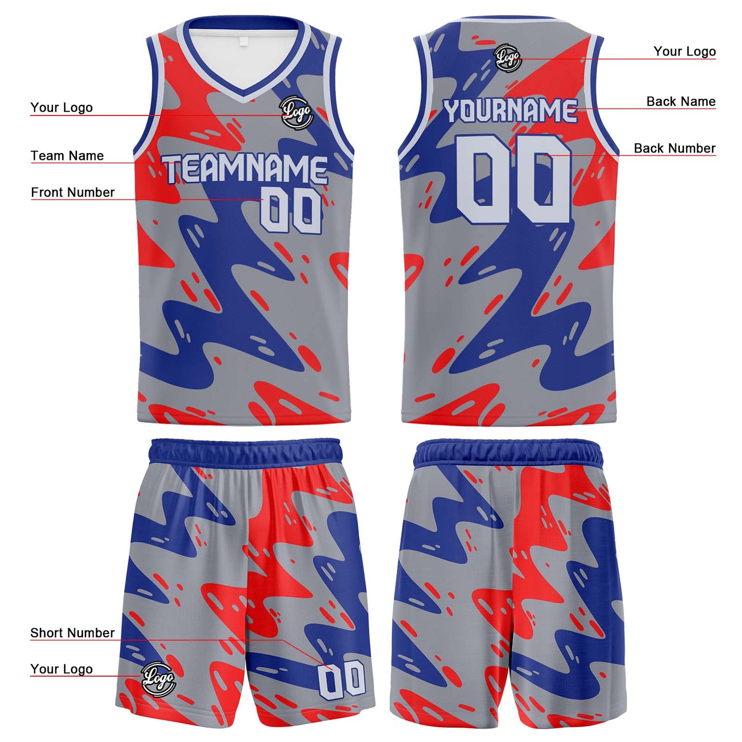 Custom Grey Blue Red Reversible Basketball Suit for Adults and Kids Personalized Jersey
