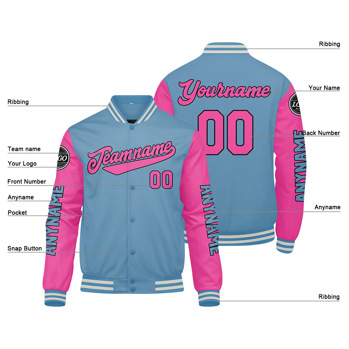 Custom Light Blue Pink Varsity Jackets for Men Women Youth Personalized Letterman Jackets