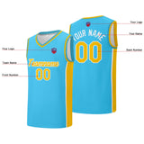 Custom basketball jersey shorts for men and women. Embroidered and printed name, number and logo Light Blue&Yellow