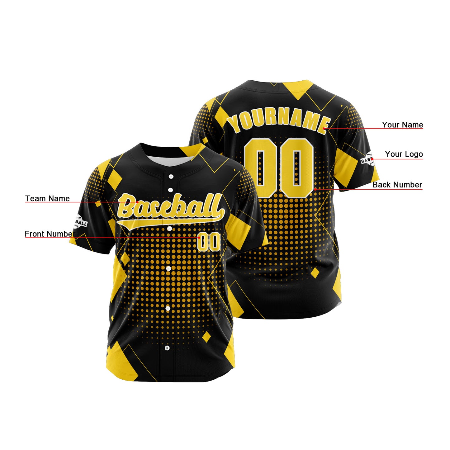 Custom Black Yellow Button Down Baseball Jersey for Men Women Adult Youth Print Name Number Logo