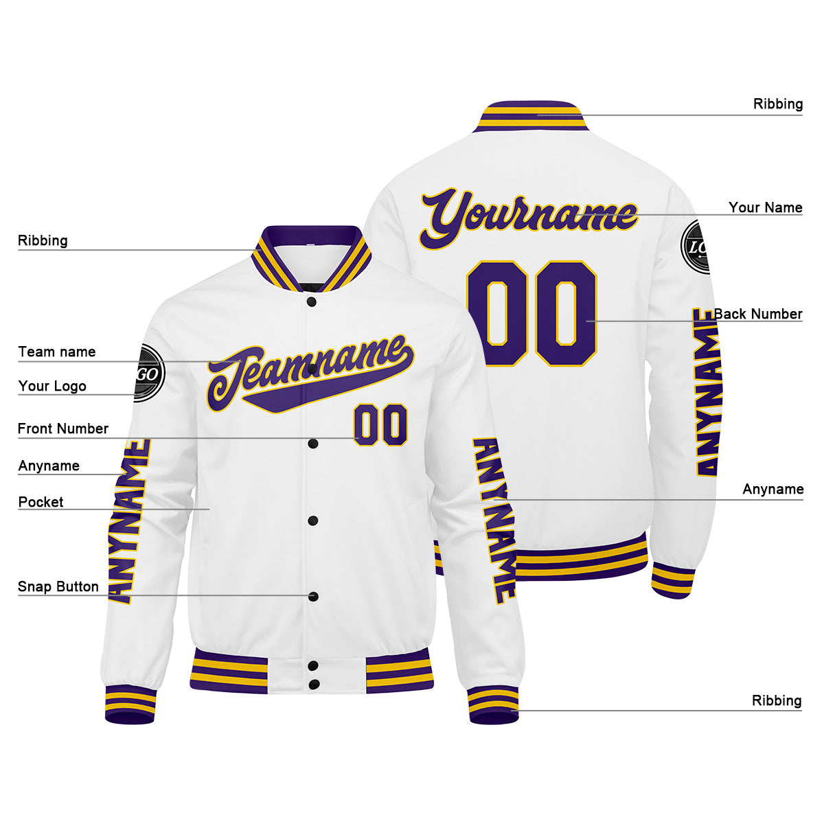 Custom Purple White Yellow Varsity Jackets for Men Women Youth Personalized Letterman Jackets