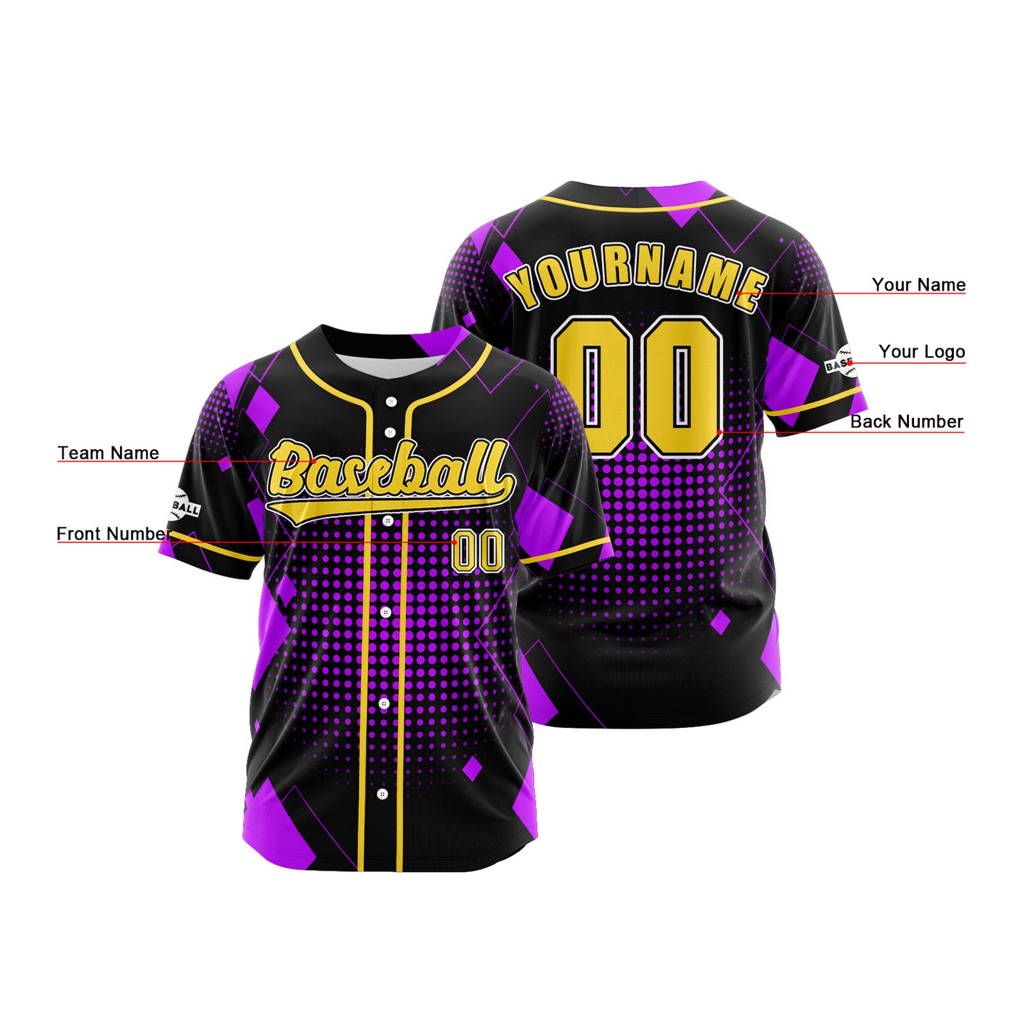 Custom Black Purple Button Down Baseball Jersey for Men Women Adult Youth Print Name Number Logo