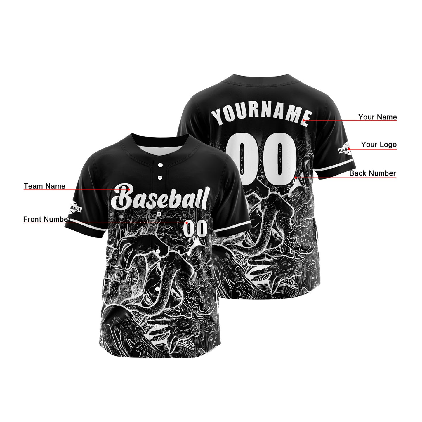 Custom Black Button Down Baseball Jersey for Men Women Adult Youth Print Name Number Logo