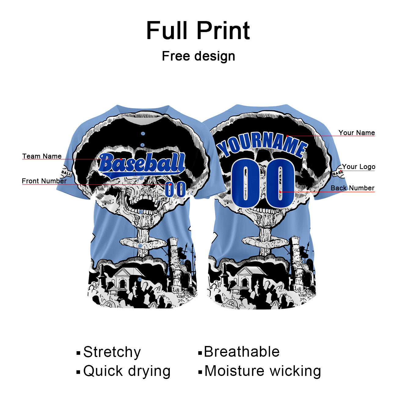 Custom Bule Baseball Jersey Print Personalized Name, Number and Logo