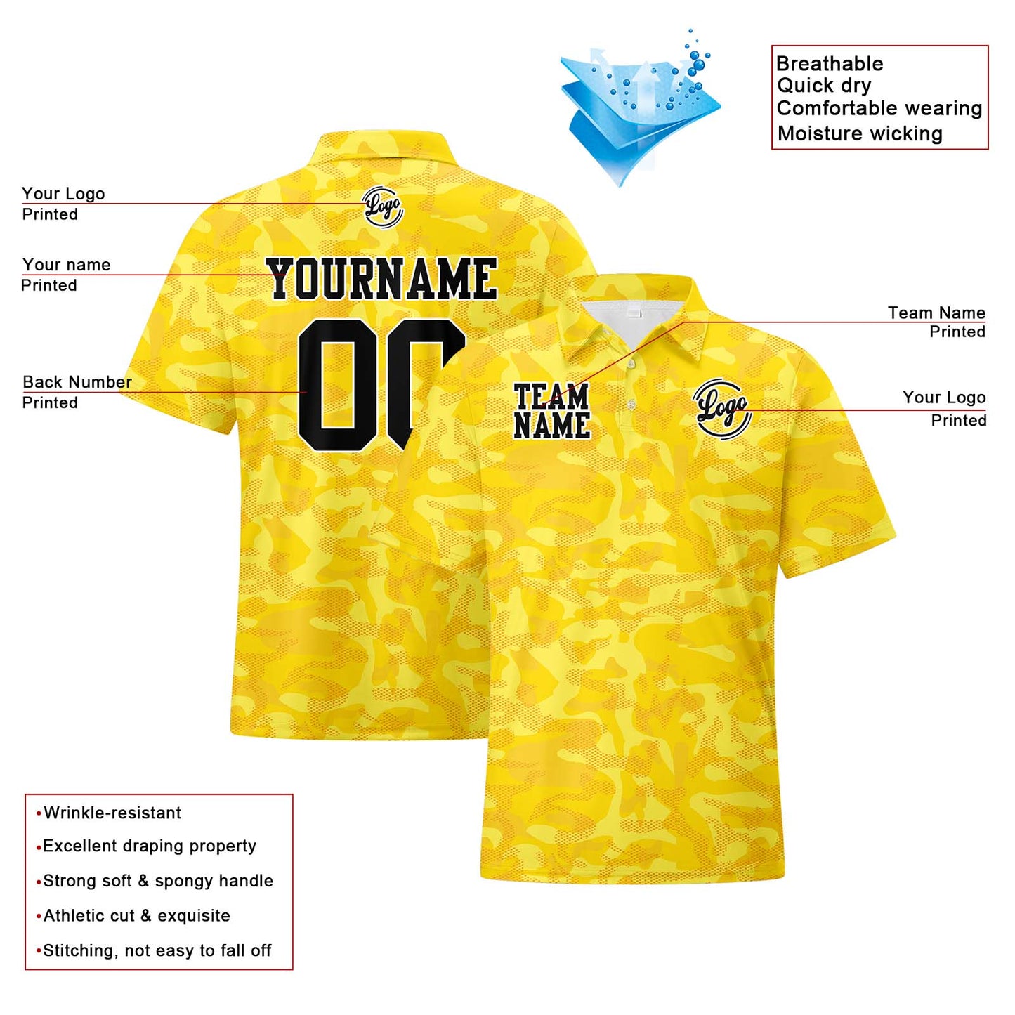 Custom Football Polo Shirts  Add Your Unique Logo/Name/Number Camouflage-Yellow