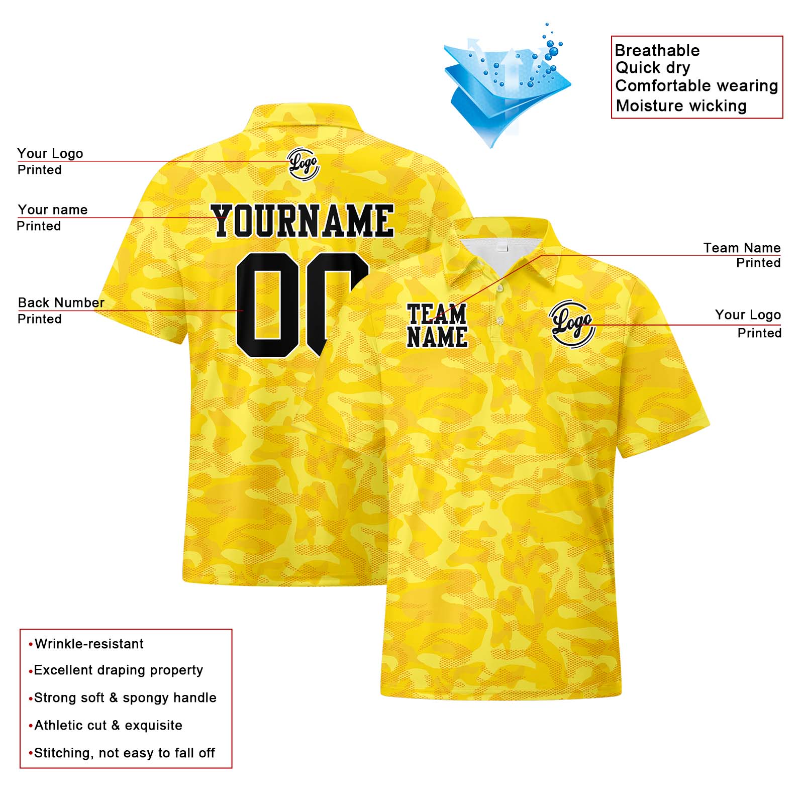 Custom Football Polo Shirts  Add Your Unique Logo/Name/Number Camouflage-Yellow