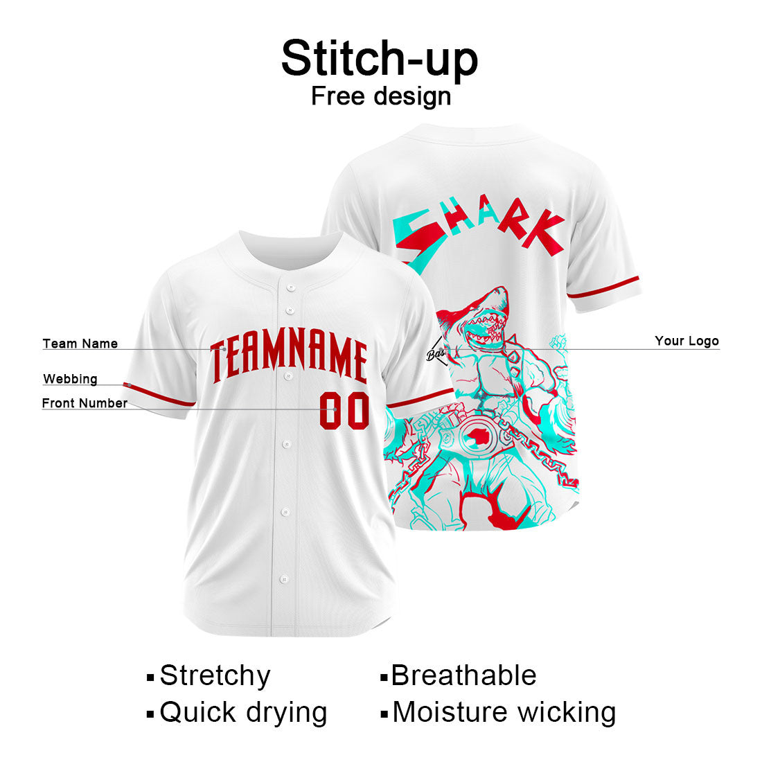 Custom Shark-White&Red Baseball Uniforms High-Quality for Adult Kids Optimized for Performance