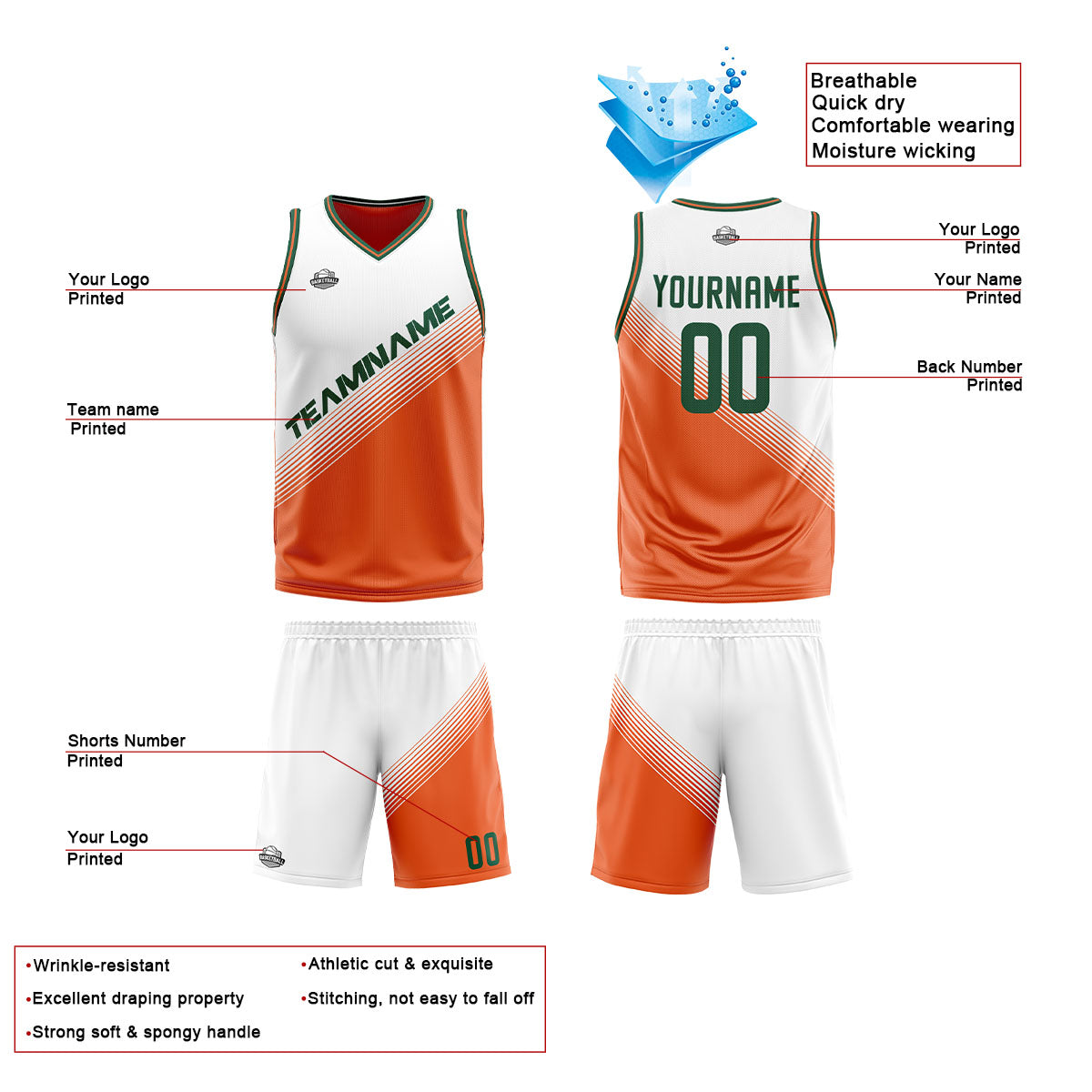 Custom White Orange Reversible Basketball Suit for Adults and Kids Personalized Jersey