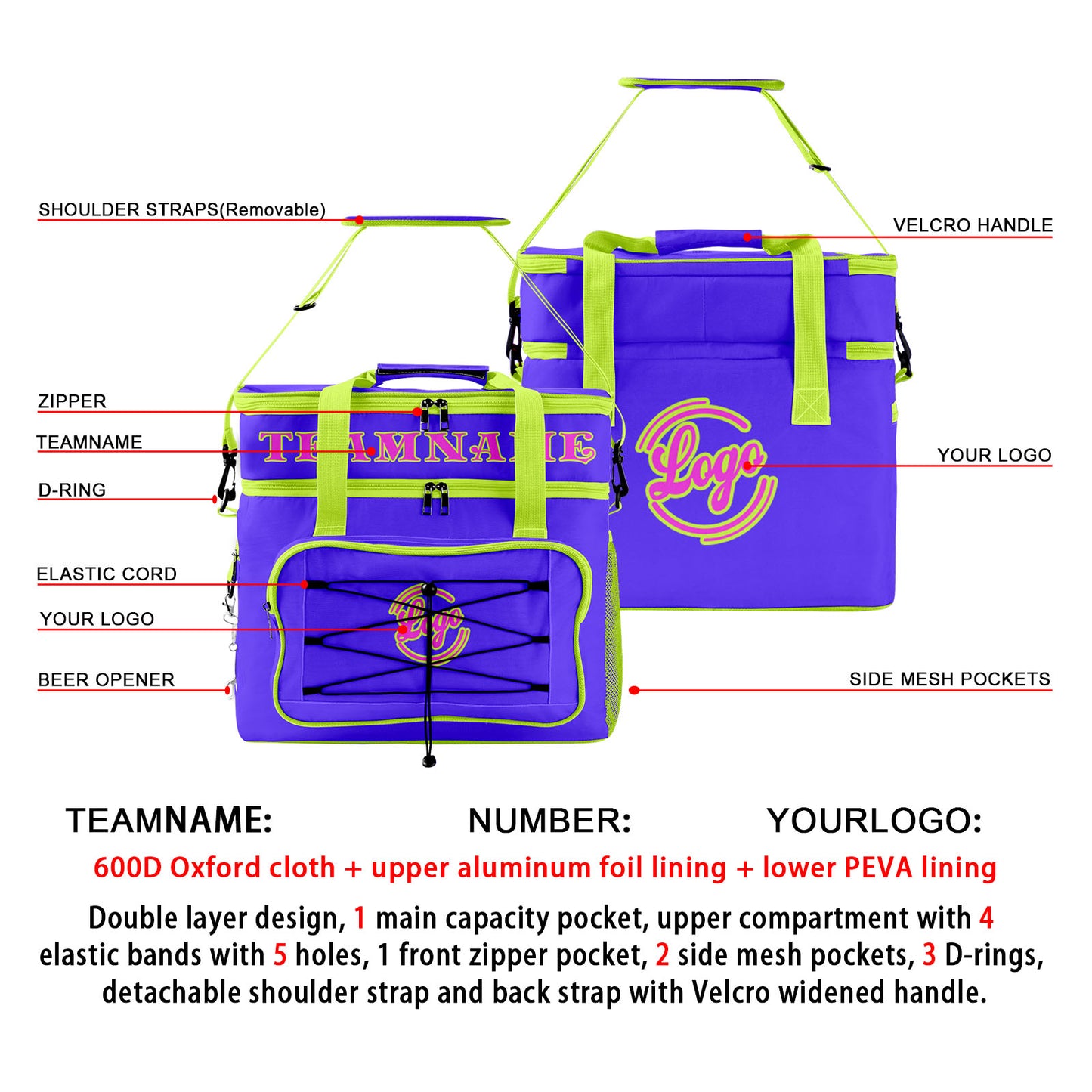 Custom Purple Fluorescent Green Double Layer Insulated Cooler Bag - 600D Oxford Waterproof Picnic Tote for Camping, Hiking & BBQ - Large Capacity Thermal Lunch Bag