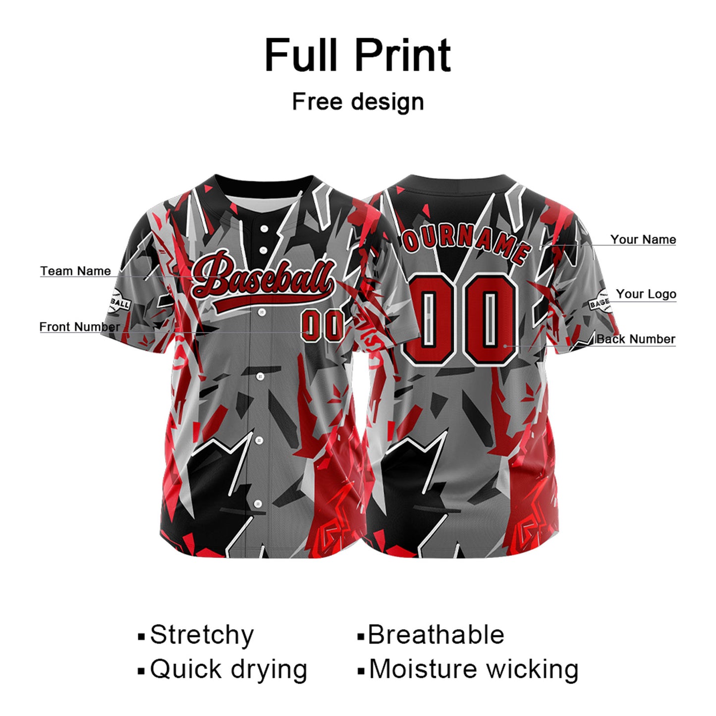 Custom Gray Button Down Baseball Jersey for Men Women Adult Youth Print Name Number Logo