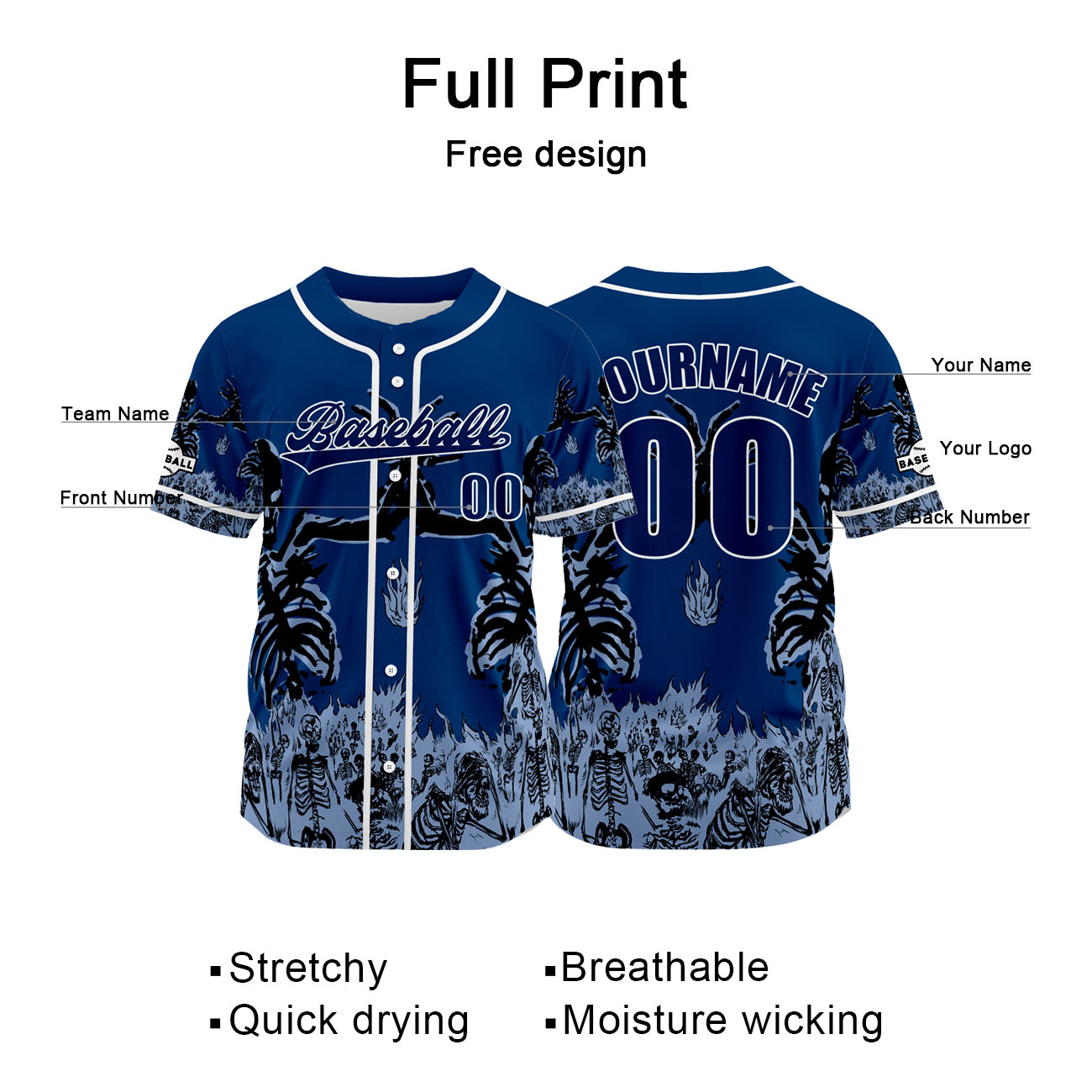 Custom Blue Baseball Jersey Print Personalized Name, Number and Logo
