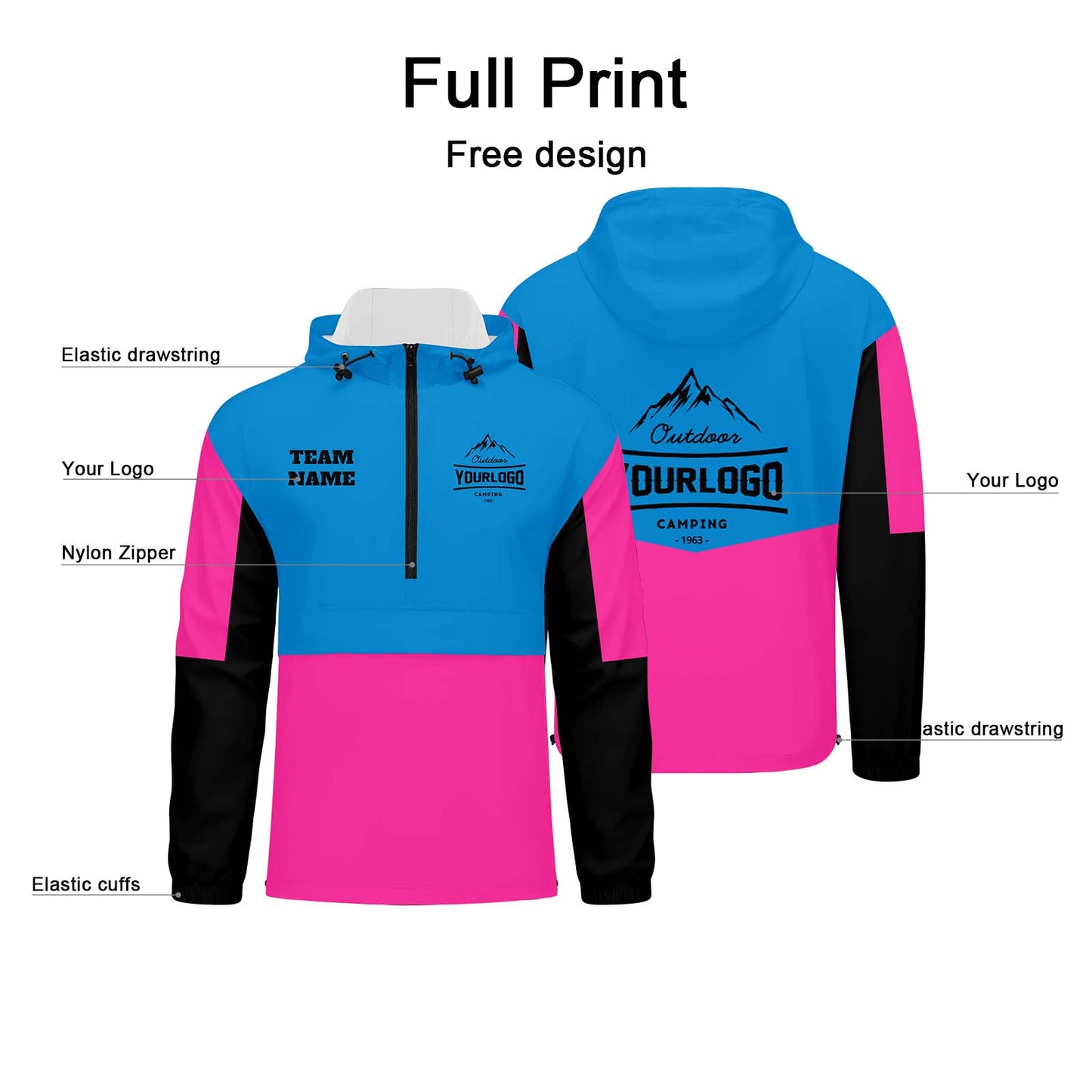 Custom Blue Pink Black Windproof Softshell  Hooded Jacket - Lightweight Full - Zip, Full Print Logos & Texts