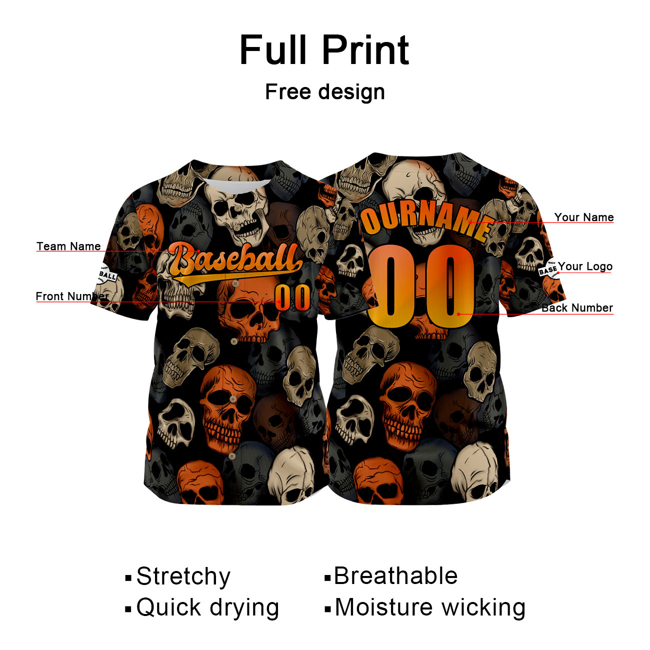 Custom Orange Baseball Jersey Print Personalized Name, Number and Logo