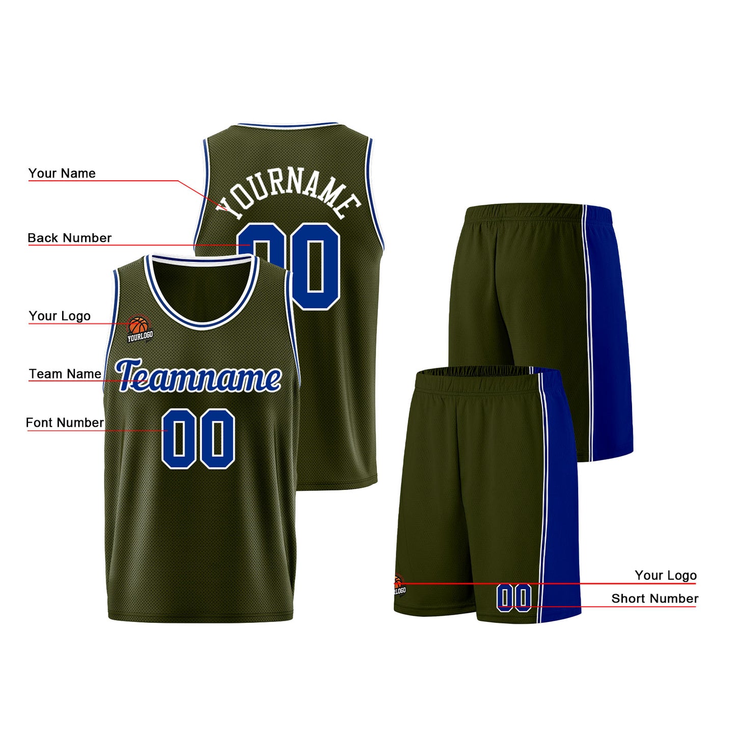 Custom Army Green-Royal Basketball Jersey for Men Women Adult Youth Stitched Name Number Logo