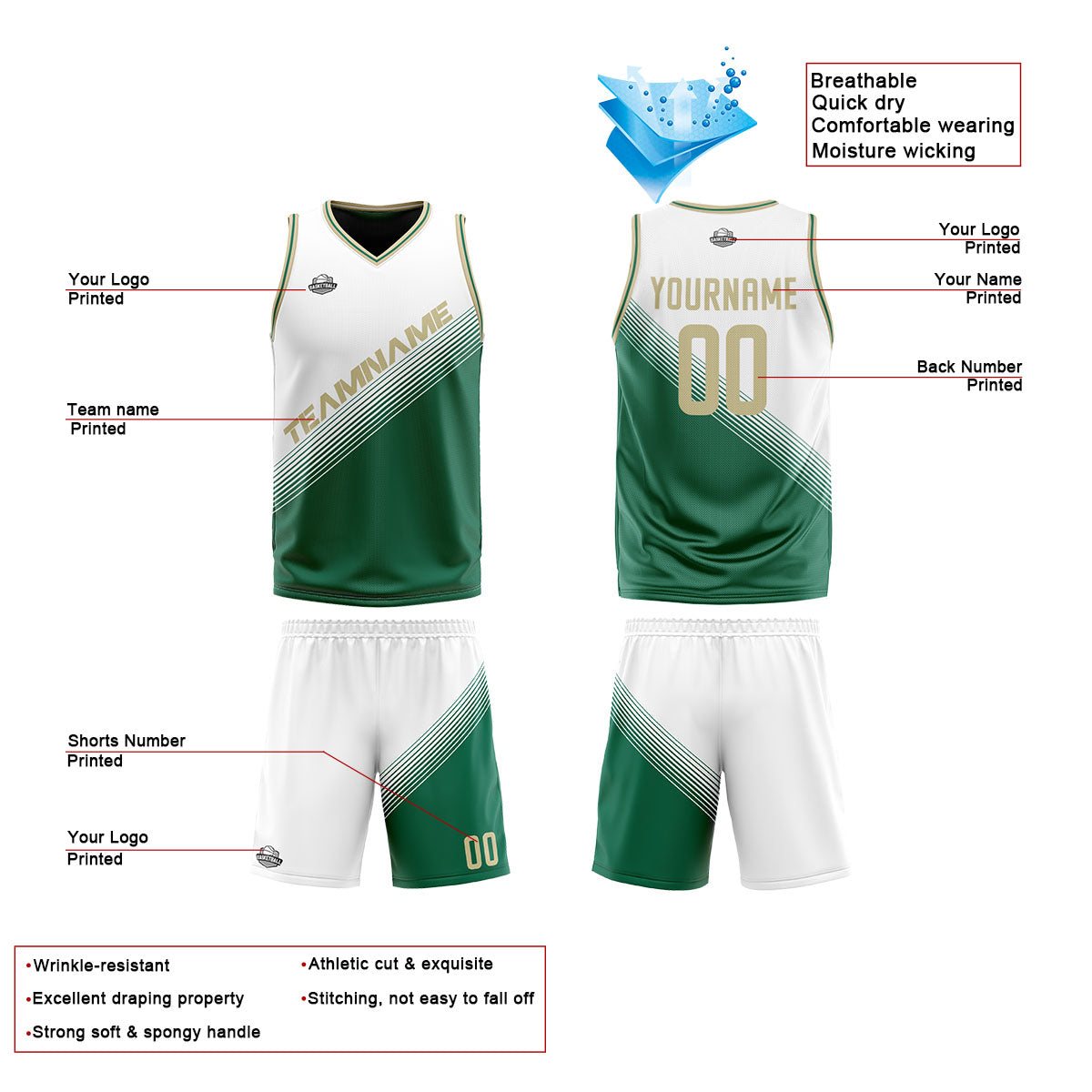 Custom White Green Reversible Basketball Suit for Adults and Kids Personalized Jersey