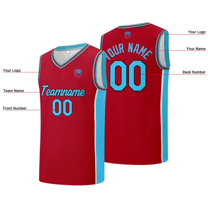 Custom basketball jersey shorts for men and women. Embroidered and printed name, number and logo Red&Light Blue