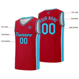 Custom basketball jersey shorts for men and women. Embroidered and printed name, number and logo Red&Light Blue