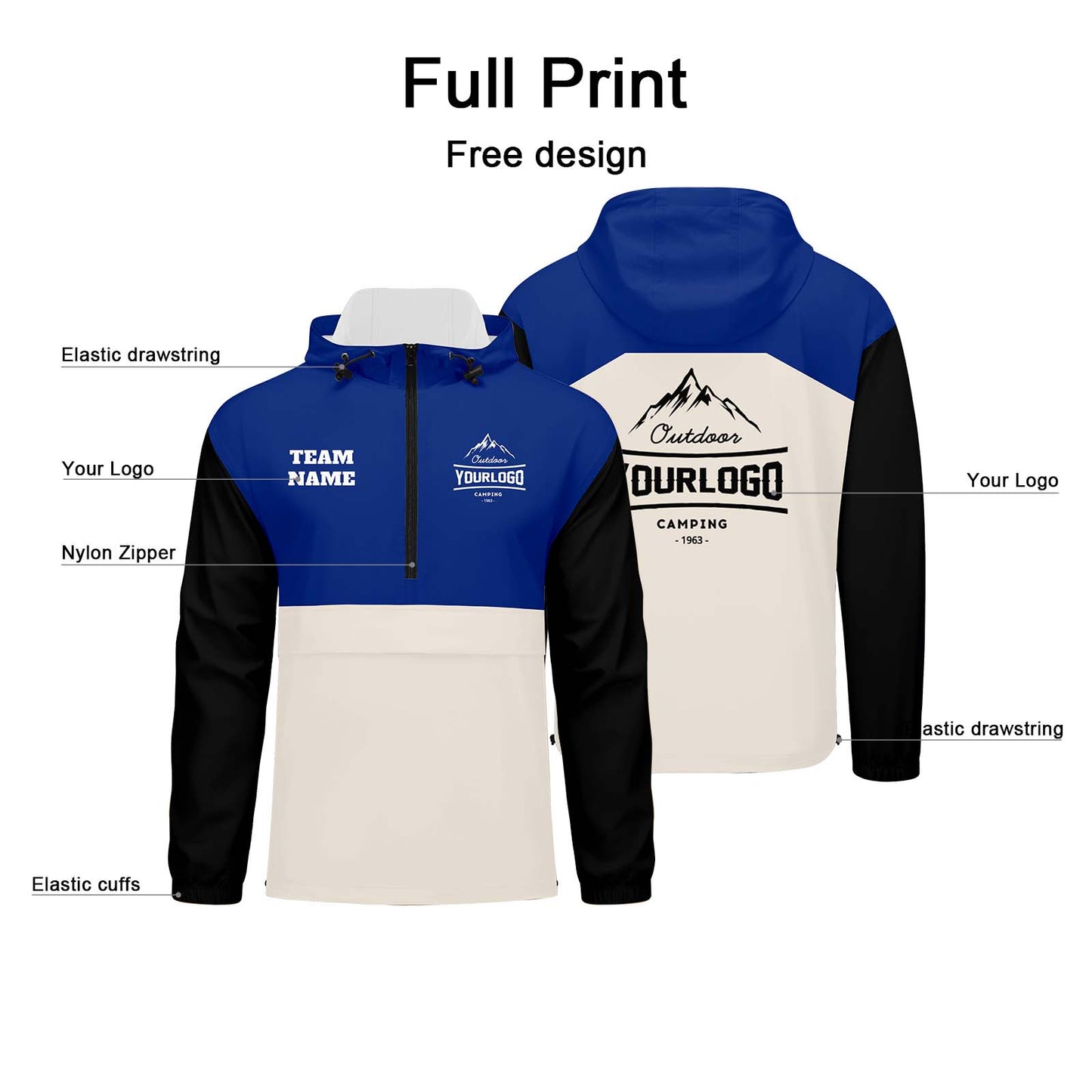 Custom Blue Cream Black Windproof Softshell  Hooded Jacket - Lightweight Full - Zip, Full Print Logos & Texts