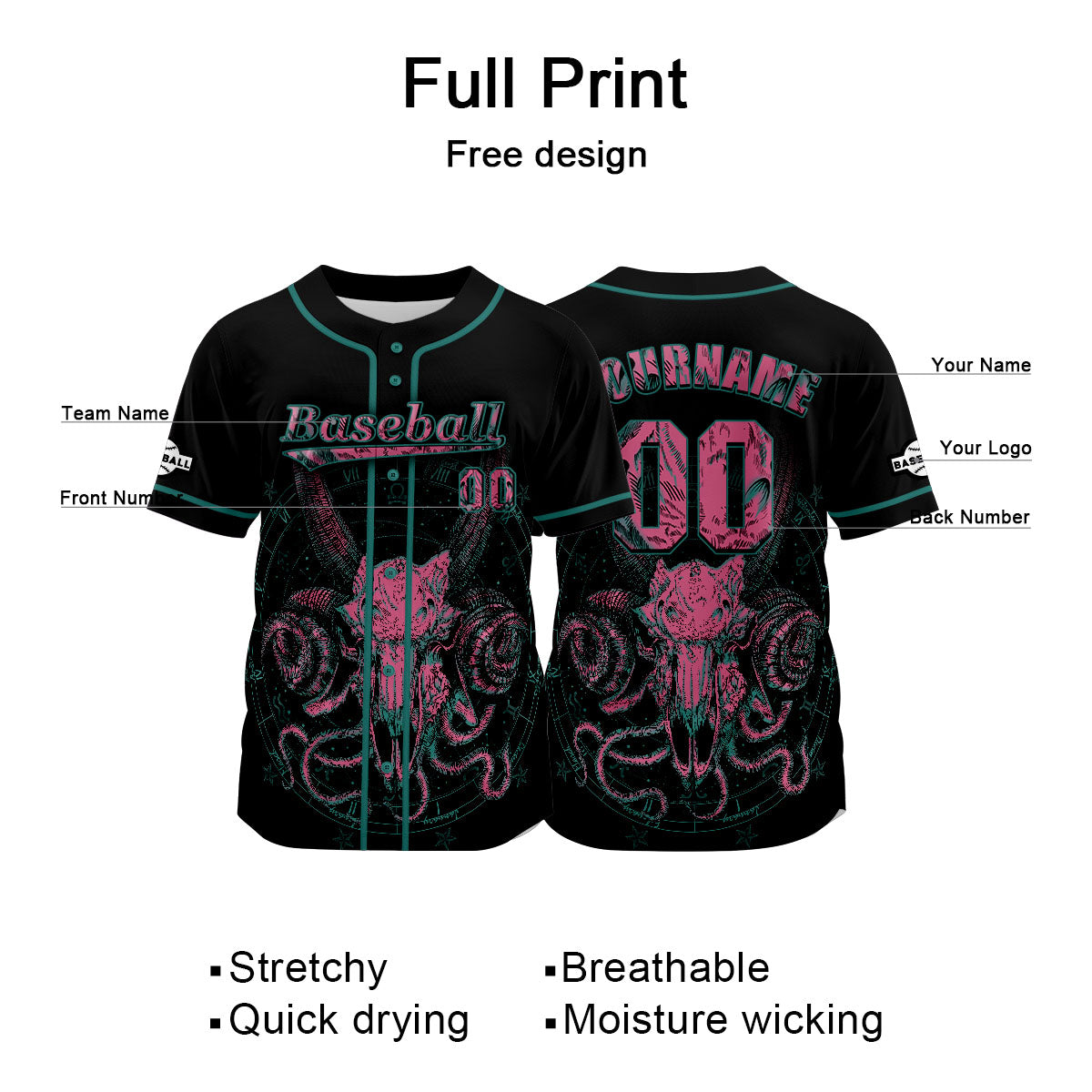 Custom Black Baseball Jersey Print Personalized Name, Number and Logo