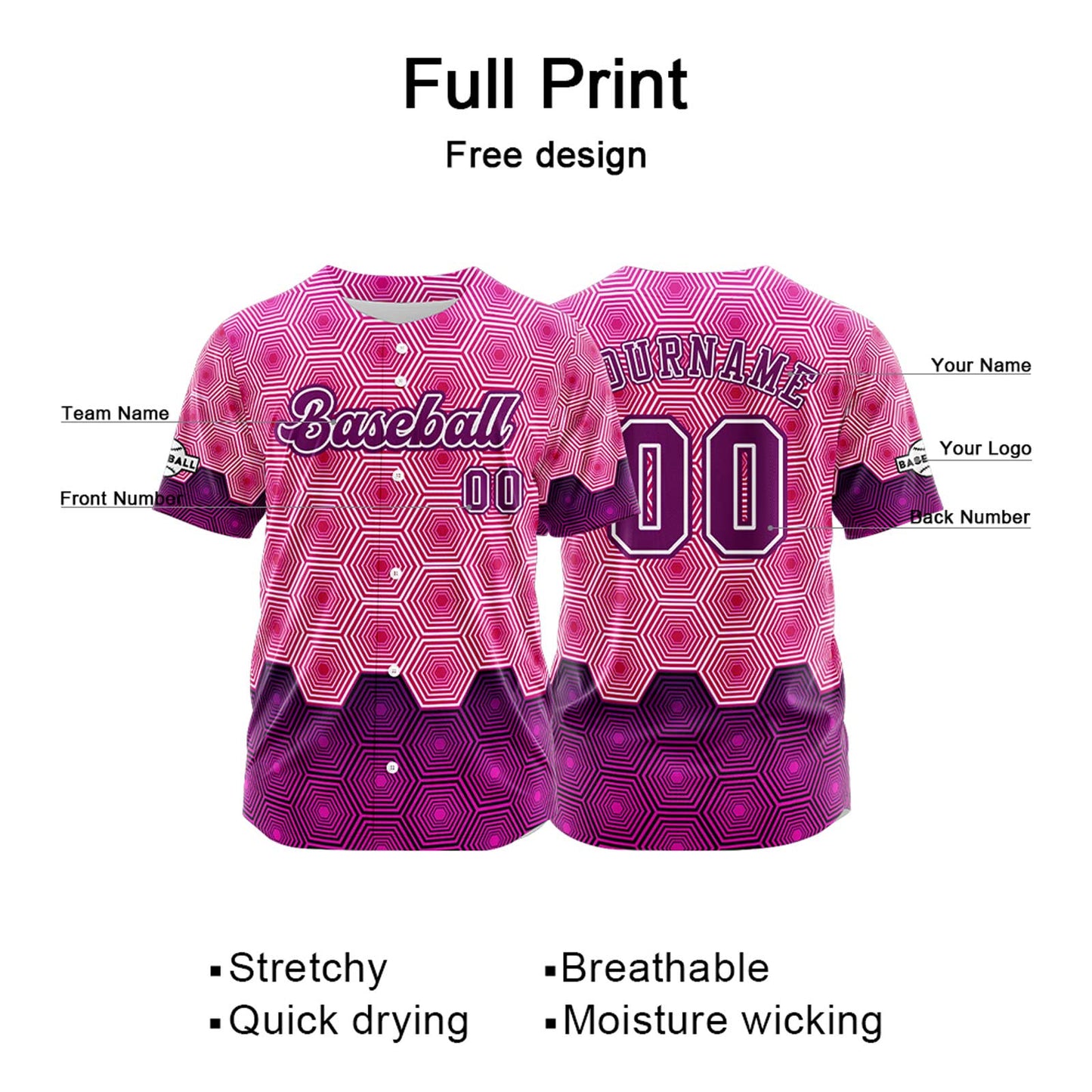 Custom Pink Purple Button Down Baseball Jersey for Men Women Adult Youth Print Name Number Logo