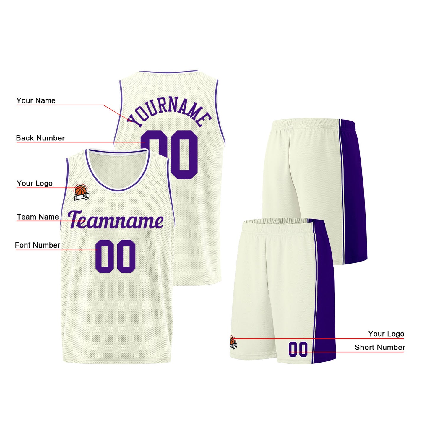 Custom Cream-Purple Basketball Jersey for Men Women Adult Youth Stitched Name Number Logo