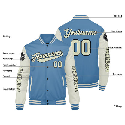Custom Light Blue Cream Varsity Jackets for Men Women Youth Personalized Letterman Jackets
