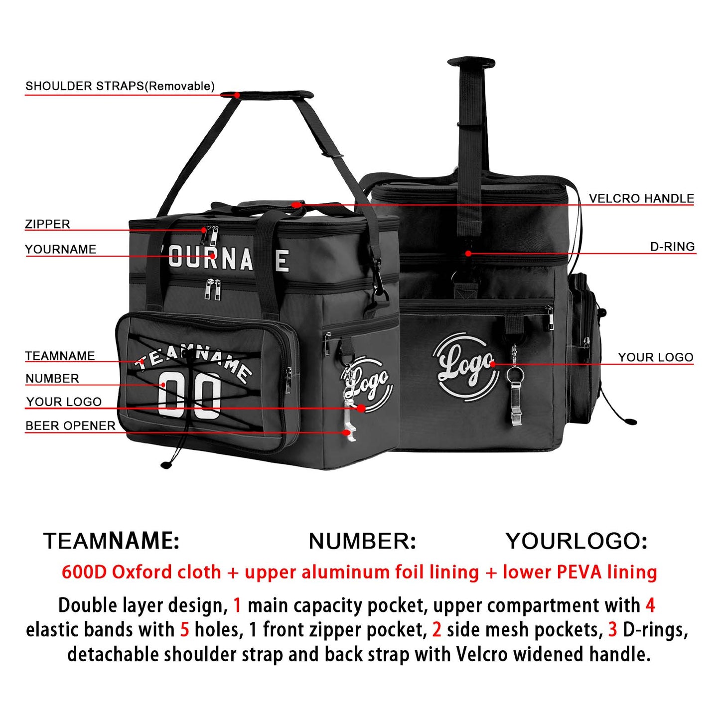 Custom Grey Black All-Over Print Double Layer Insulated Cooler Bag - Waterproof 600D Oxford Picnic Tote for Team Events & Outdoor BBQ