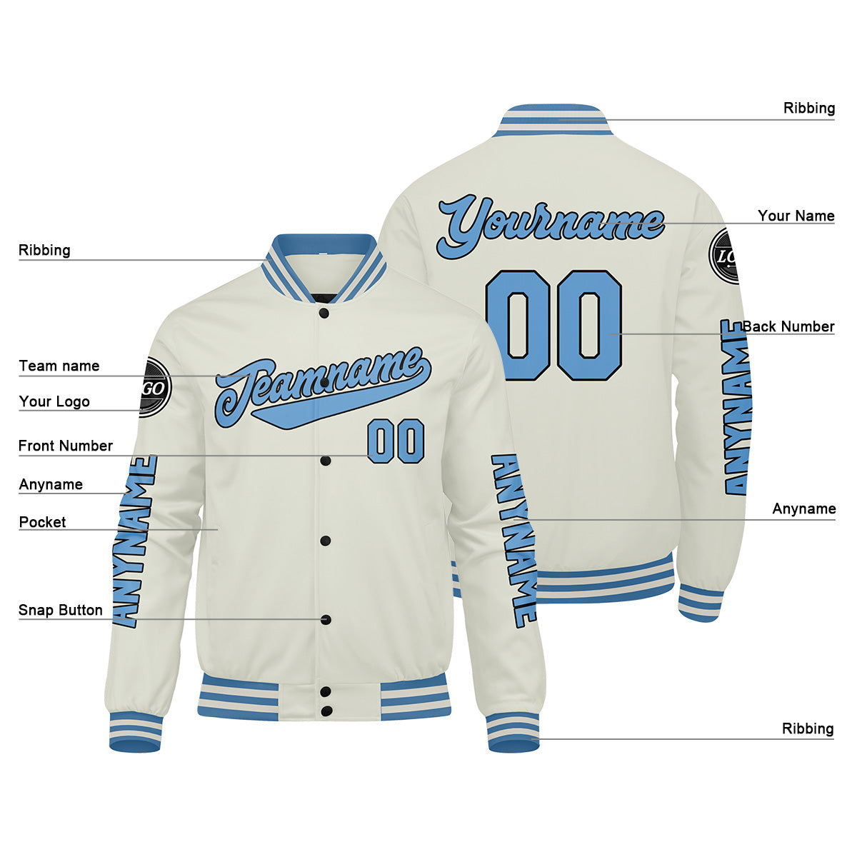 Custom Cream Light Blue Varsity Jackets for Men Women Youth Personalized Letterman Jackets