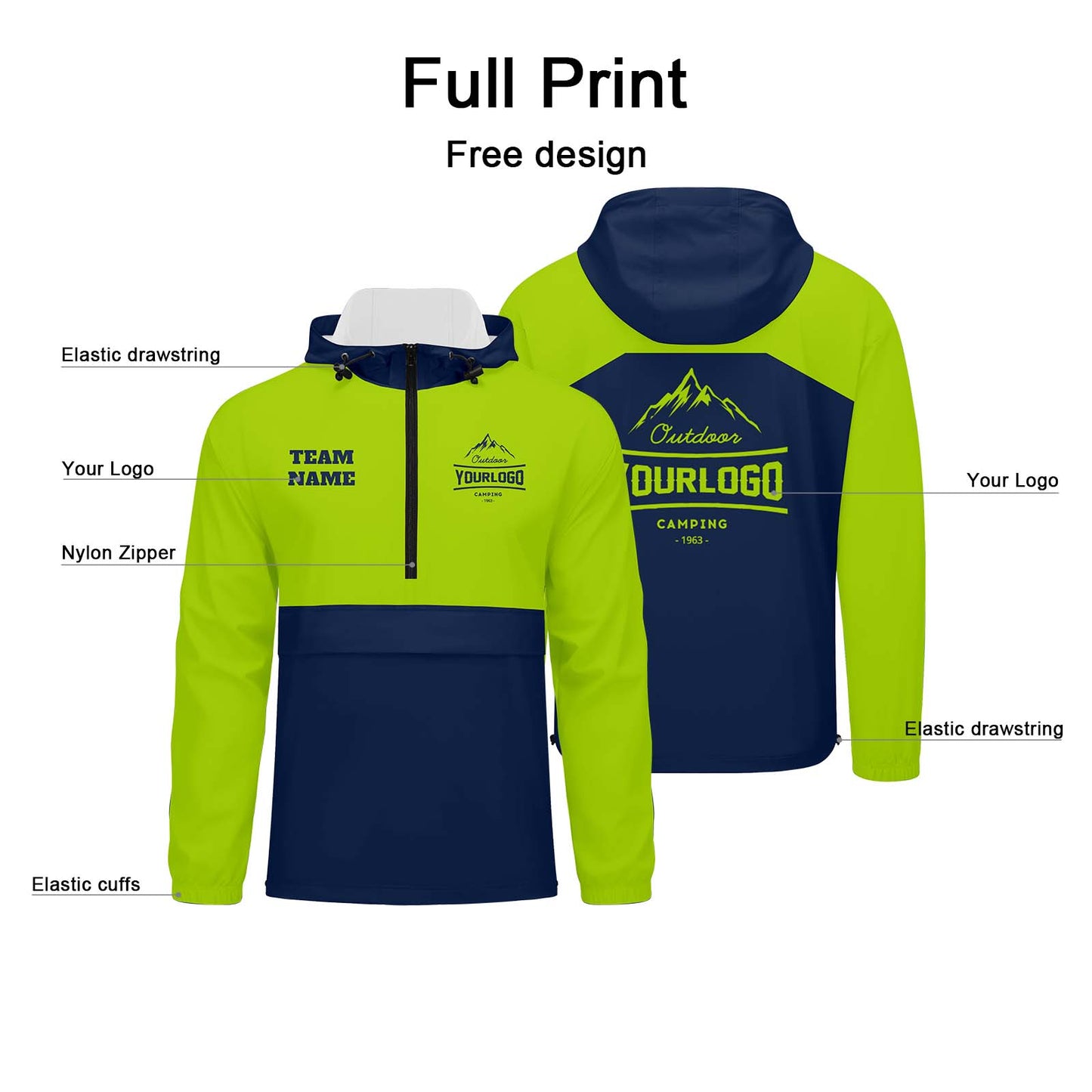 Custom Neon Green Navy Windproof Softshell  Hooded Jacket - Lightweight Full - Zip, Full Print Logos & Texts
