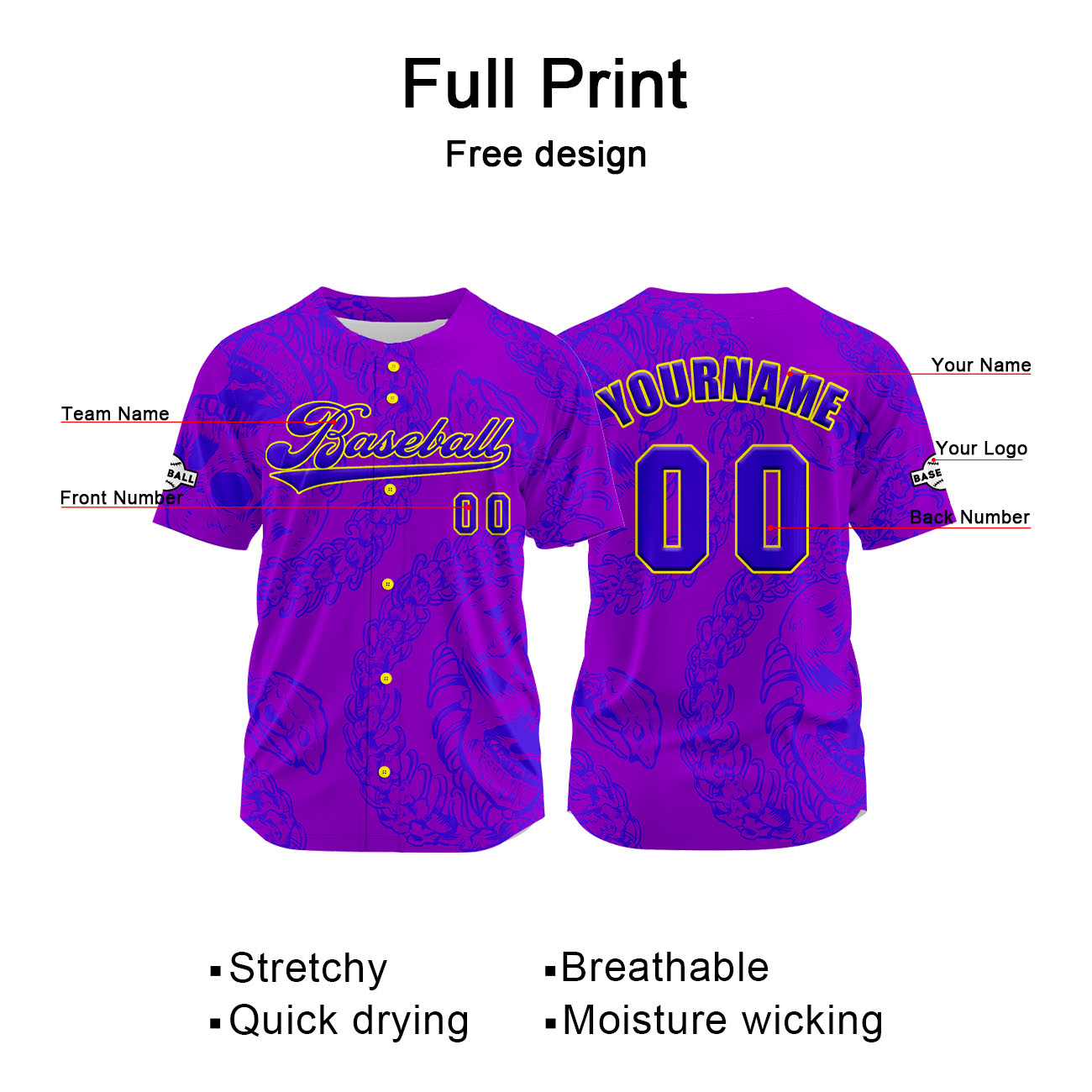 Custom Purple Blue Button Down Baseball Jersey for Men Women Adult Youth Print Name Number Logo