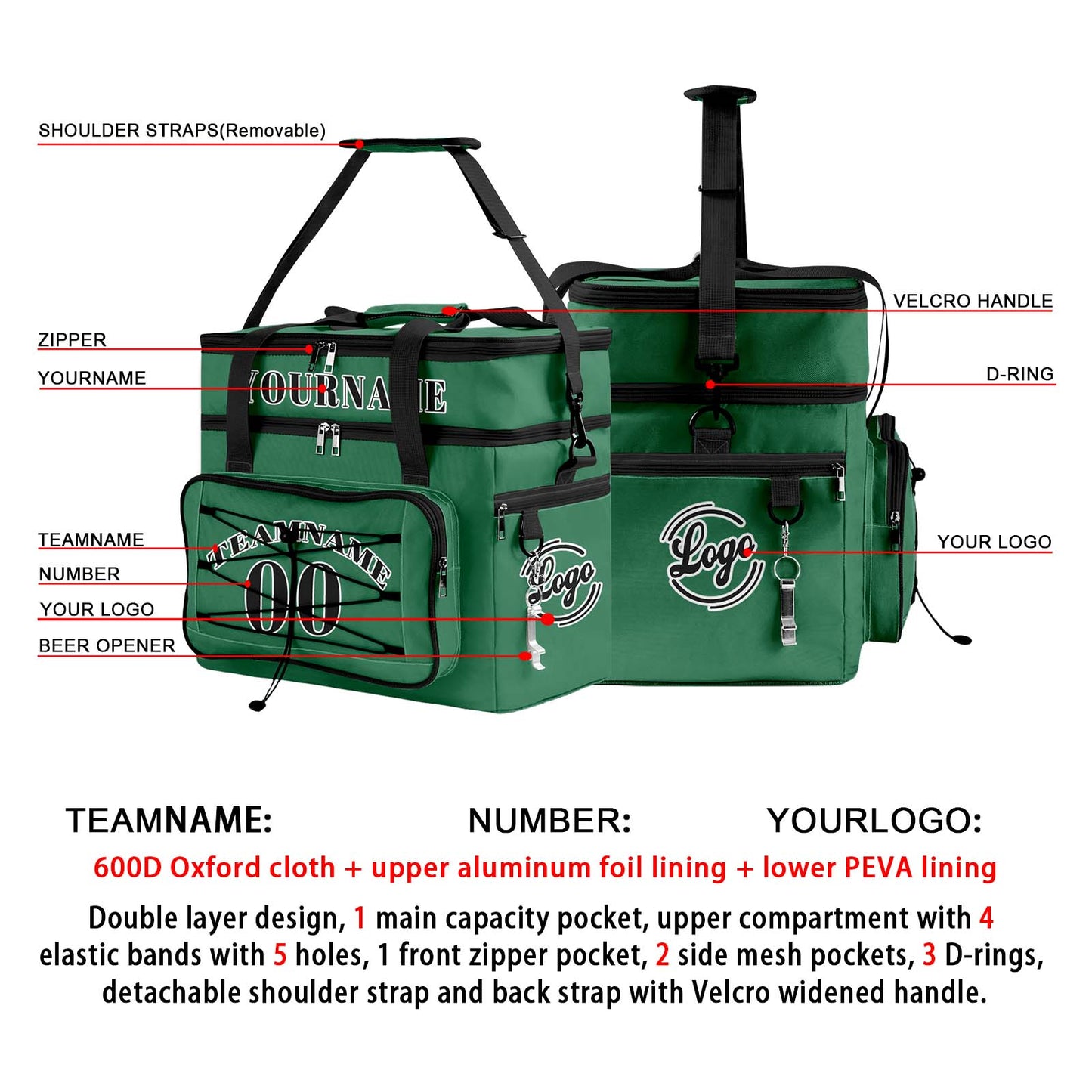 Custom Green Black All-Over Print Double Layer Insulated Cooler Bag - Waterproof 600D Oxford Picnic Tote for Team Events & Outdoor BBQ