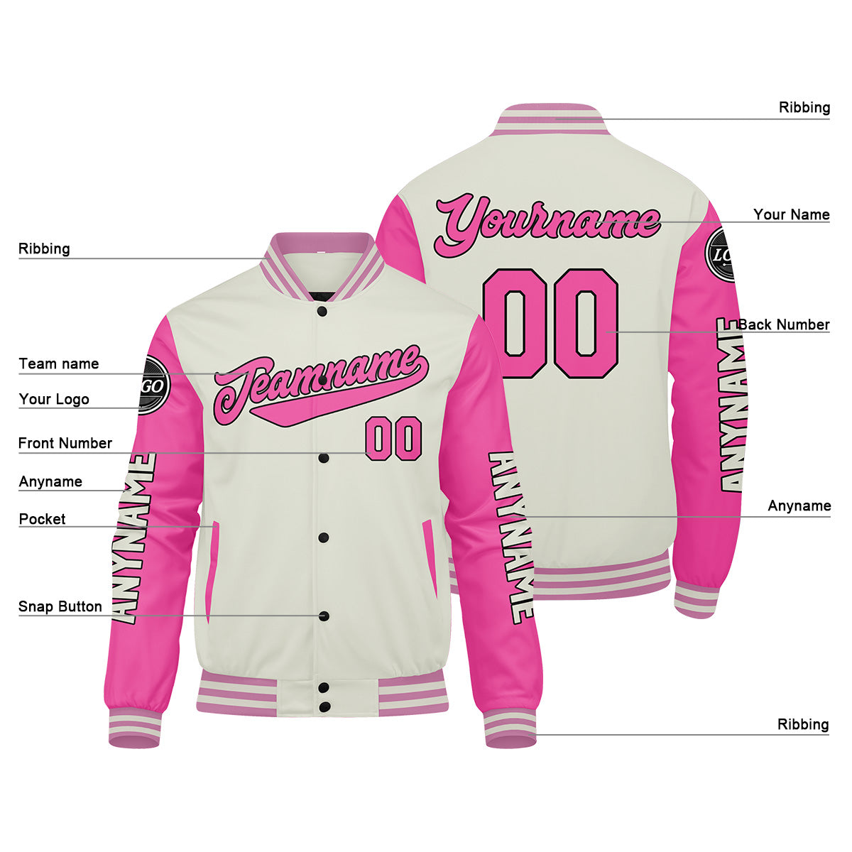 Custom Cream Pink Varsity Jackets for Men Women Youth Personalized Letterman Jackets