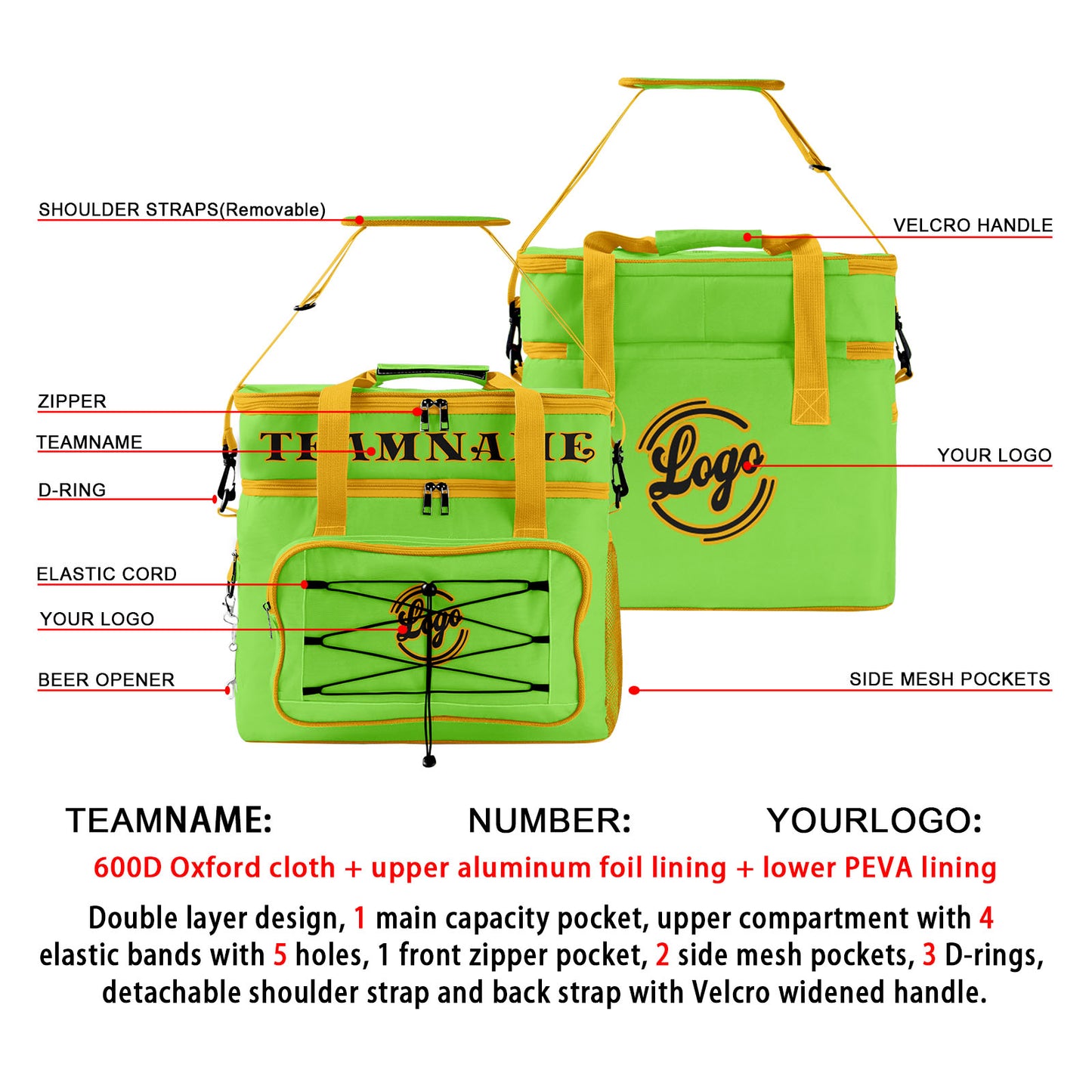 Custom Fluorescent Green Yellow Double Layer Insulated Cooler Bag - 600D Oxford Waterproof Picnic Tote for Camping, Hiking & BBQ - Large Capacity Thermal Lunch Bag