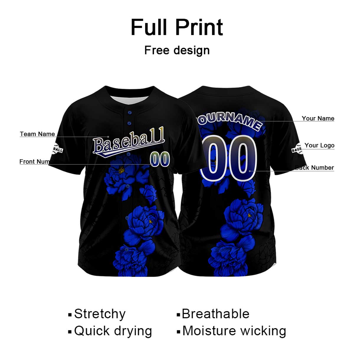 Custom Black Baseball Jersey Print Personalized Name, Number and Logo