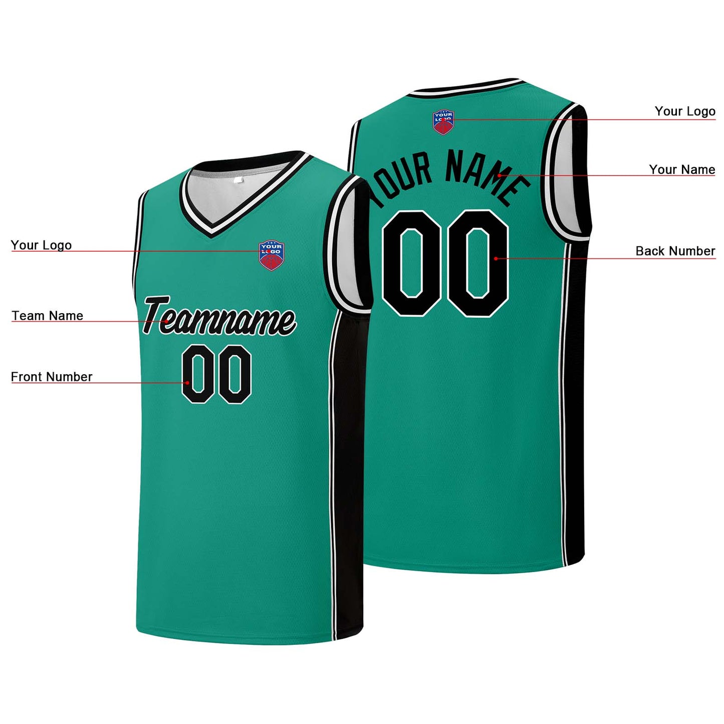 Custom basketball jersey shorts for men and women. Embroidered and printed name, number and logo Light Green&Black