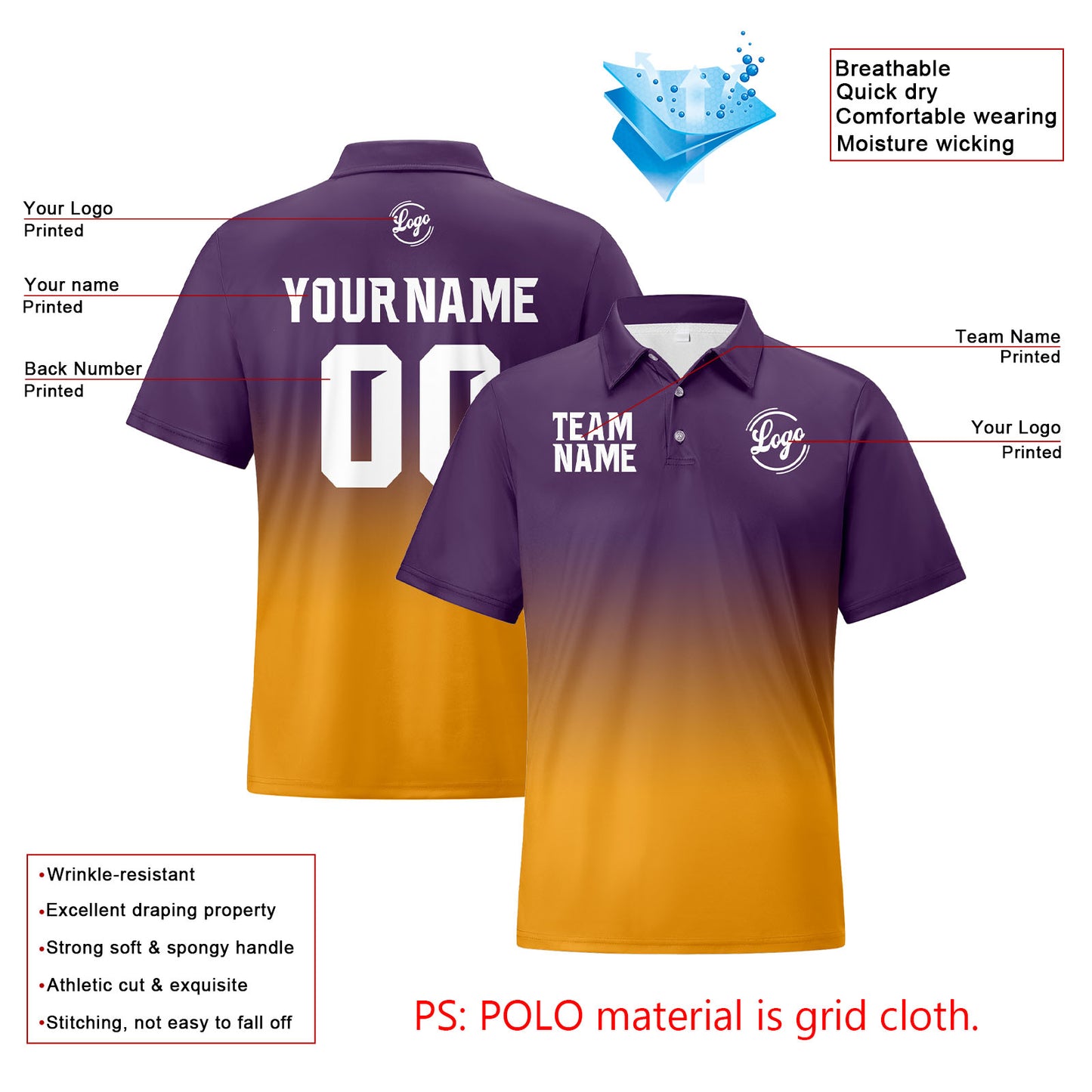 Custom Purple Yellow Football Gradient Polo Shirts  Add Your Unique Logo/Name/Number